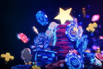 A man celebrating a winning moment on his laptop while gaming symbols float around him, capturing the excitement of BDJLBD games.